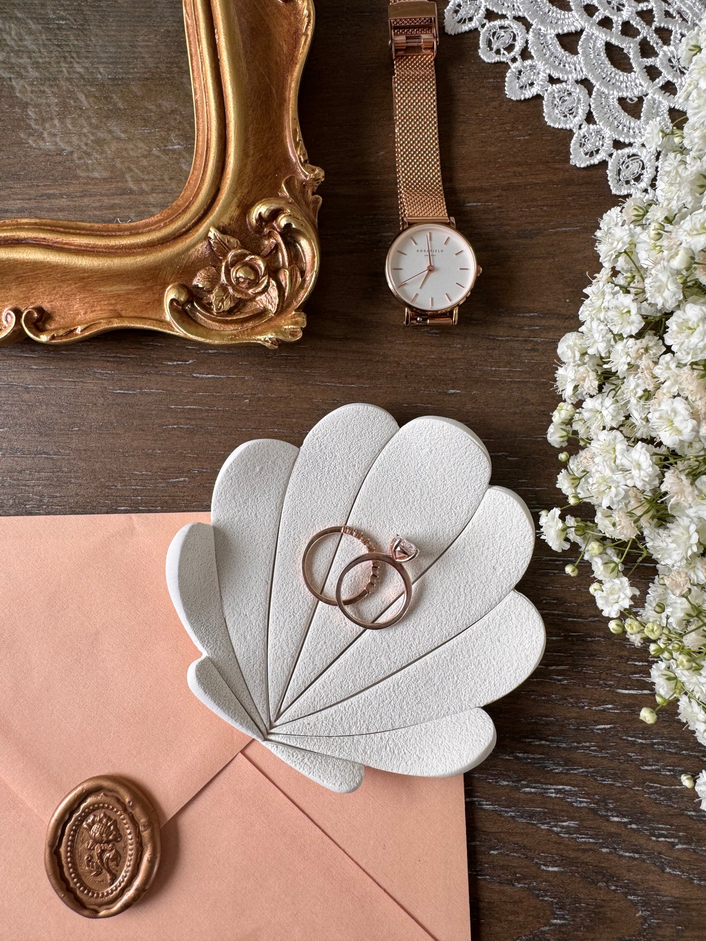 vintage shell inspired ring dish, white clay